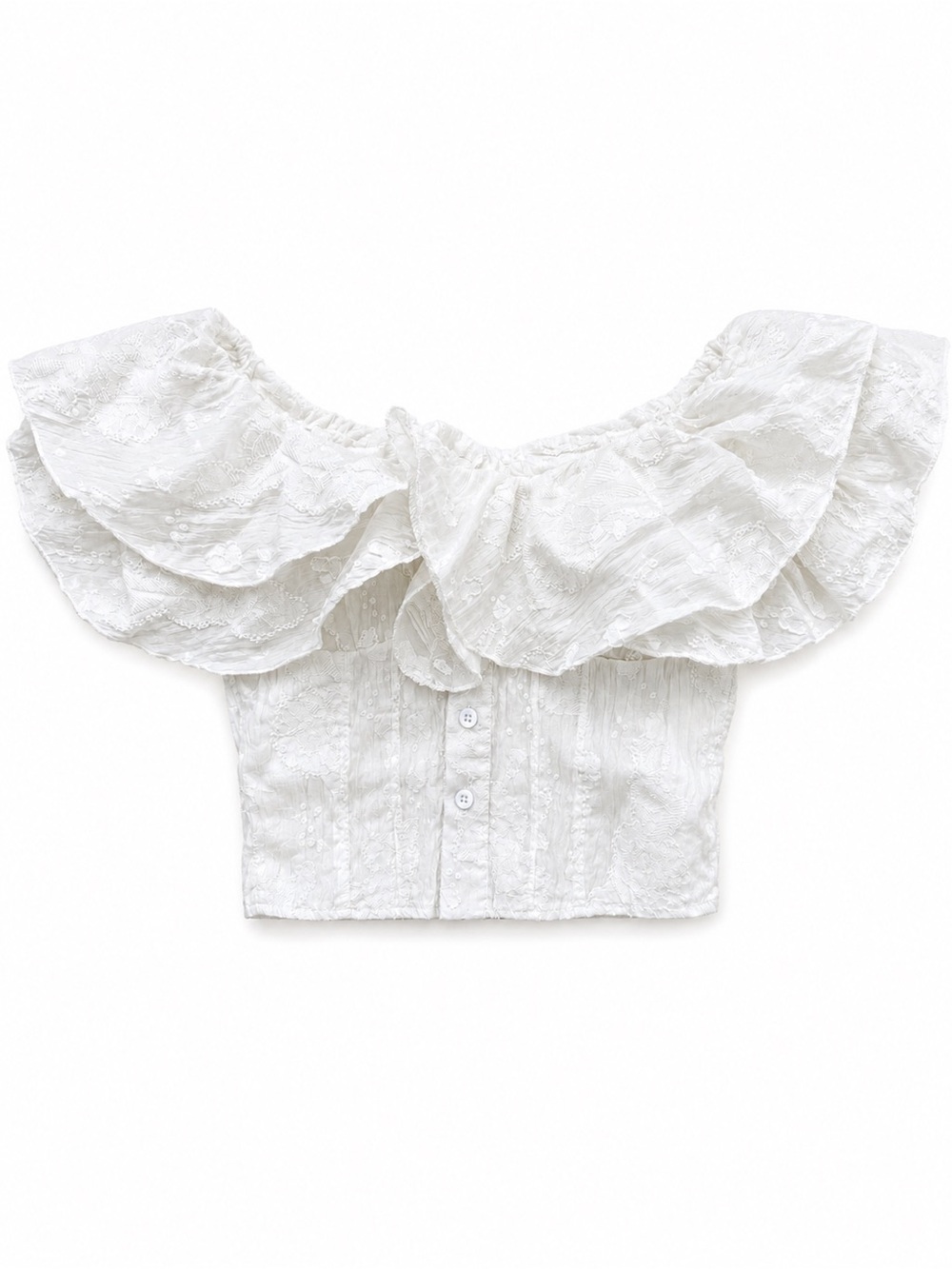 White Off-Shoulder Ruffle Eyelet Crop Top - Picture 2 of 7